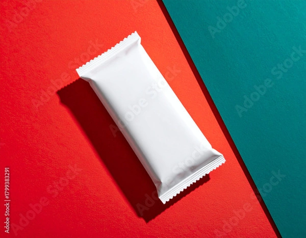 Obraz Minimalist Blank White Snack Bar Wrapper Mockup Displayed on Vibrant Red and Teal Background with Clean Shadows for Modern Product Branding, Packaging Design, and Creative Presentation