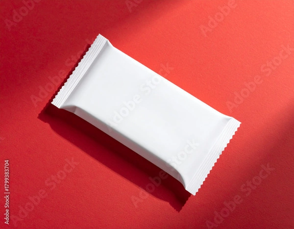 Obraz Clean Minimalist Blank White Snack Bar Wrapper Mockup Placed on Bold Red Background for Product Branding, Packaging Design, and Commercial Presentation