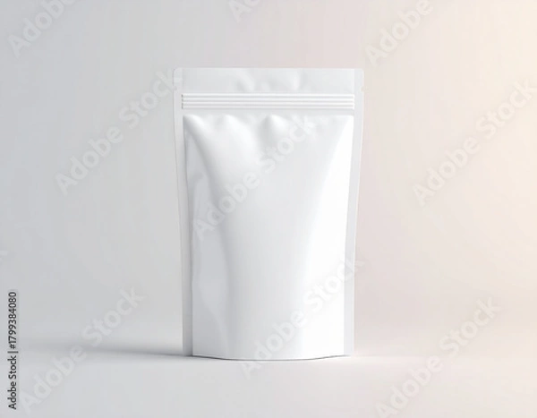 Obraz Minimalist Blank White Standing Ziplock Pouch on Soft Gradient Background for Product Branding, Food Packaging Design, and Mockup Presentation