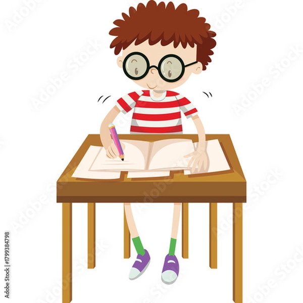Fototapeta Young boy with glasses and red striped shirt writes in an open book at a wooden desk with a pencil wearing green and purple socks on a transparent background