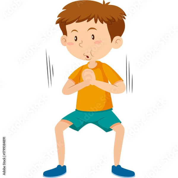 Fototapeta Young boy with brown hair wearing an orange t-shirt and teal shorts doing squats with his hands clasped in front of his chest on a white background