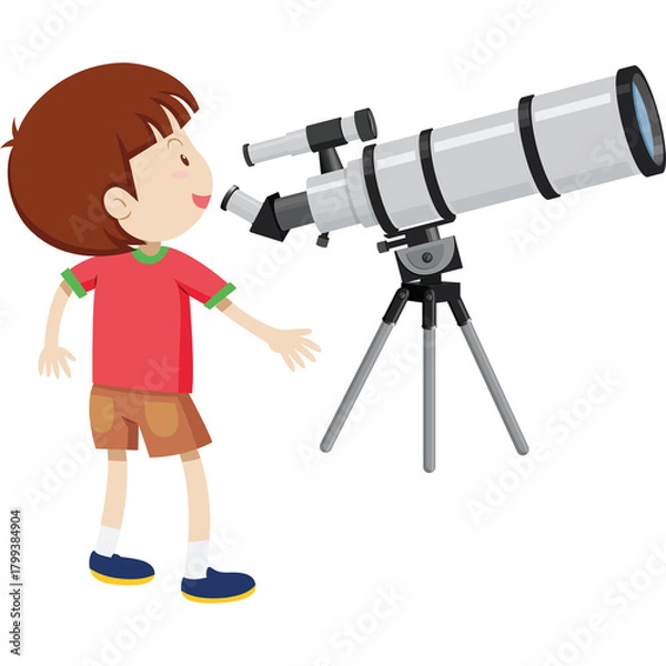 Fototapeta Young Boy With Brown Hair Wearing Red T-shirt and Brown Shorts Looking Through a Telescope on a Tripod During Daytime