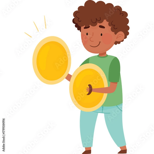 Fototapeta Young Boy with Curly Hair Wearing a Light Green T-Shirt and Light Blue Jeans Playing Cymbals with a Happy Expression and Yellow Accents on a Transparent Background