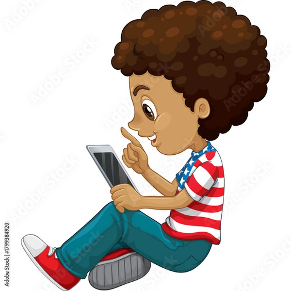 Fototapeta Young Boy With Curly Brown Hair Wearing A Red White And Blue Shirt Interacting With A Tablet Computer On A Transparent Background