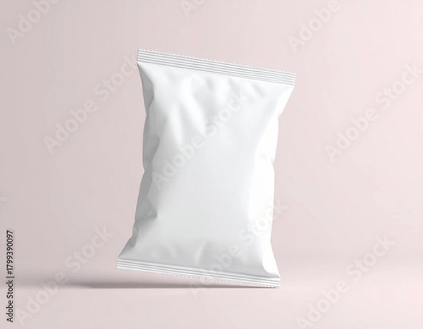 Obraz Floating White Snack Packaging Pouch on Soft Pastel Background – Clean Minimal Blank Food Bag Mockup for Branding Design