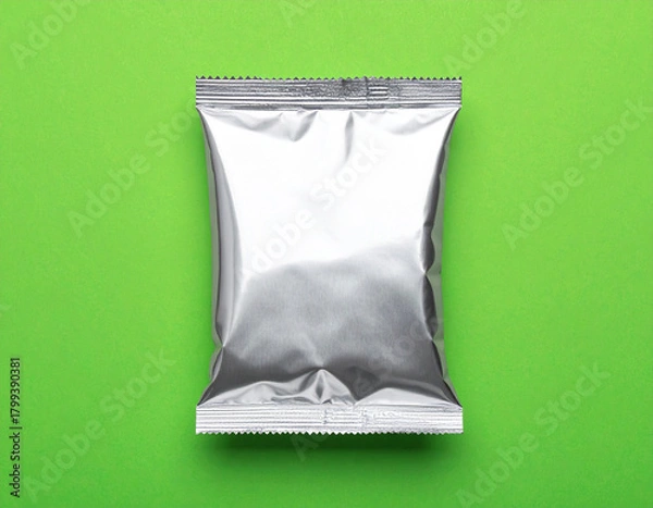 Obraz Minimalist Blank Silver Foil Snack Package Isolated on Bright Green Background for Branding, Product Mockup, and Packaging Design Presentation
