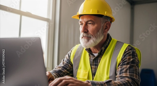 Fototapeta Construction worker using BIM LOD on a laptop at a construction site, wearing safety helmet and vest, focused on digital project, infrastructure management