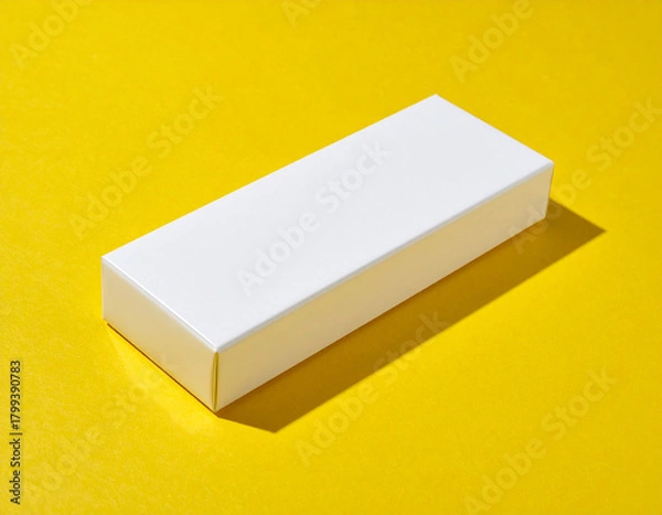 Obraz Minimalist White Packaging Box Displayed on a Vibrant Yellow Background for Branding and Product Mockup Presentation