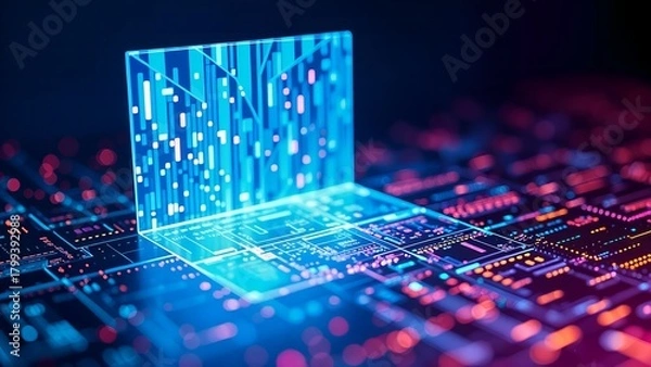 Obraz digital virtual hologram holographic transparent matrix computer pc laptop screen projecting from a futuristic circuit board, emphasizes the neon glow and high-tech ambiance