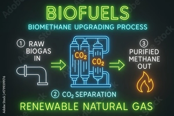 Fototapeta Biomethane Infographic Process with Renewable Gas Production for Sustainable Energy