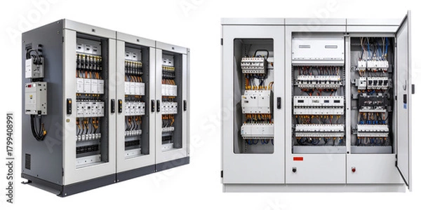 Fototapeta Electrical Control Panels with Transparent Background Displaying Internal Wiring and Components in a Modern Industrial Setting