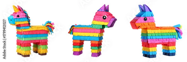 Fototapeta Three Colorful Pinatas Featuring Unicorn And Donkey Forms Set Against A Transparent Background
