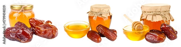 Fototapeta Honey Jars with Dates and Bowl of Honey on Transparent Background Close Up Shot of Delicious Healthy Food