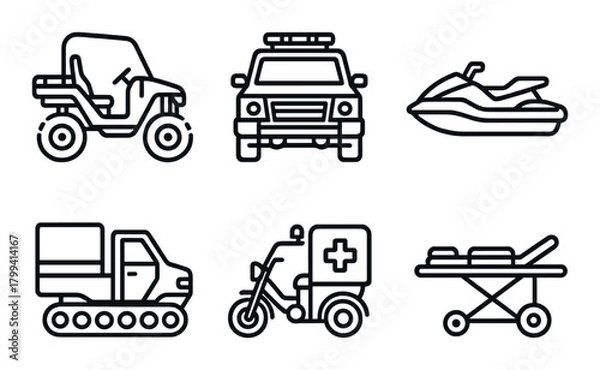 Fototapeta Monochrome line art of various emergency and utility vehicles