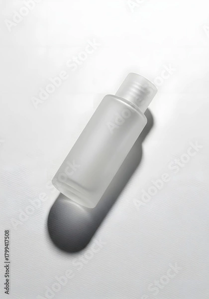 Obraz A small, frosted glass bottle with a white cap, casting a shadow on a white surface.