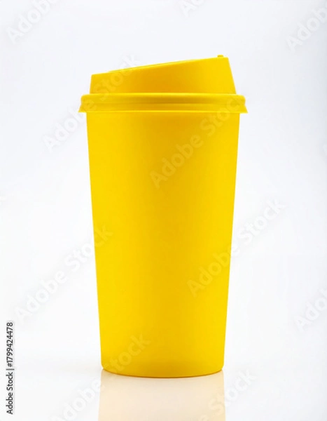 Obraz Bright Yellow Reusable Coffee Cup with Lid on Clean White Background – Minimalist Eco-Friendly Drinkware Concept