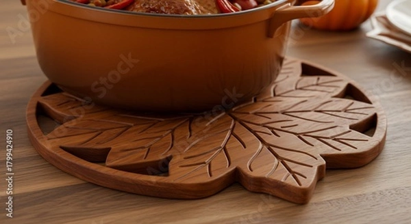Obraz Wooden leaf-shaped trivet supporting a pot of food on a table.