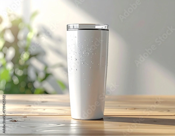 Obraz White Insulated Tumbler with Water Droplets on Wooden Table in Natural Sunlight – Modern Reusable Drinkware Mockup for Hot and Cold Beverages