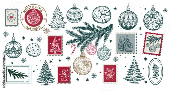 Fototapeta Vintage Christmas Holiday Stamps and Ornaments Collection