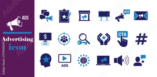 Fototapeta Digital Marketing Tools & Advertising Icons Set, SEO, Targeting, Analytics, Video Ads Vector Collection, vector illustration EPS 10.