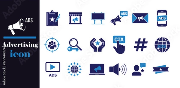Fototapeta CTA, Search, Media Ads & Audience Icons, Professional Blue Vector Collection.
