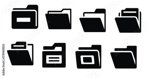 Fototapeta collection of solid black flat folder icons for document .