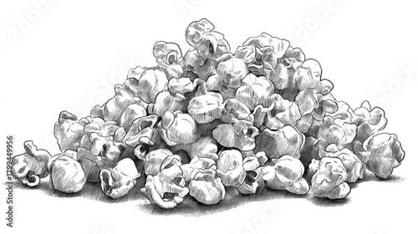 Fototapeta A detailed black and white drawing of a large pile of popcorn on a white background surface