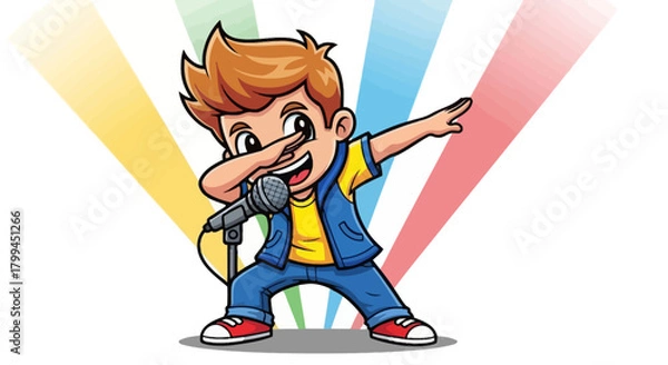 Obraz Cartoon boy character doing a dab pose while holding a microphone illustration