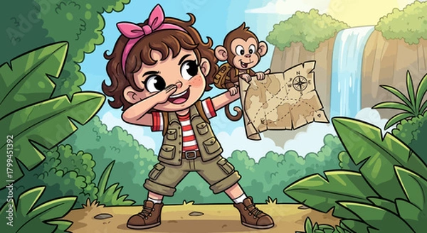 Obraz Cartoon girl explorer with monkey friend discovering treasure in tropical jungle adventure