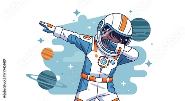Obraz Cartoon Astronaut Doing the Dab in Space with Planets and Stars Illustration