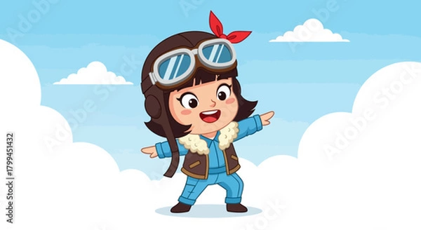Obraz Adorable Cartoon Girl Pilot Imagines Flying Amidst Fluffy Clouds in the Sky
