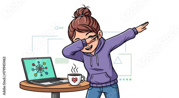 Obraz Cartoon girl dabbing next to a laptop displaying a complex network diagram and a coffee cup