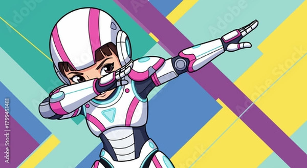 Obraz Futuristic cyborg girl with pink accents performing a dab on colorful background