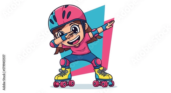 Obraz Cartoon girl roller skating and performing the dab dance on a white background
