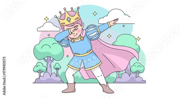 Obraz A whimsical illustration of a dabbing prince in a pastel-colored cartoon kingdom scenery