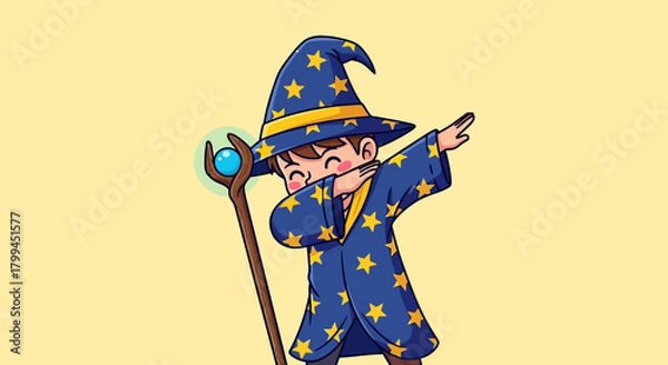 Obraz Cartoon wizard dabbing with staff in playful illustration with stars and magic feel for cheerful