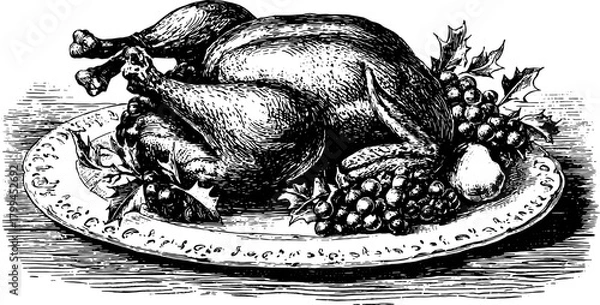 Fototapeta Roasted chicken on a vintage platter. Hand-drawn vector illustration featuring a decorative set of garnishes and details, suitable for fine dining.