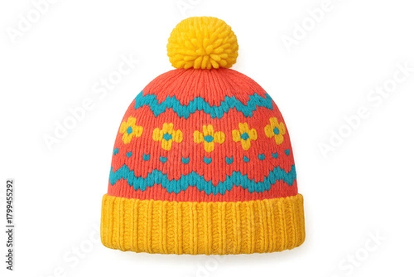 Fototapeta Vibrant knit hat with pompom isolated on transparent background, winter accessory