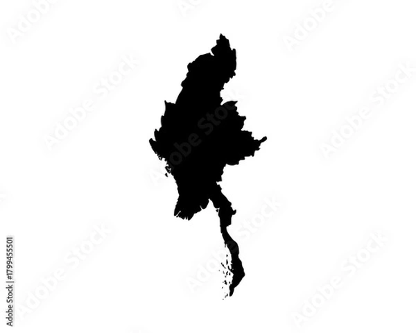 Fototapeta Flat black vector silhouette of Myanmar map, minimalist geographic outline for abstract cartography, education, and modern artwork