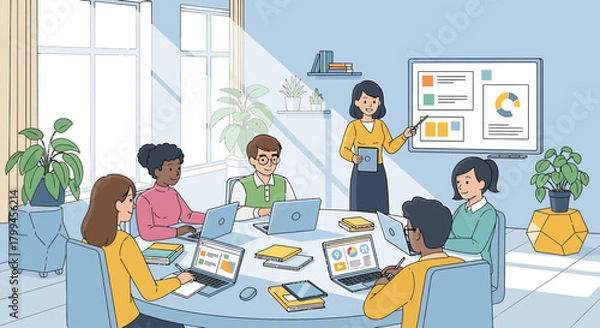 Fototapeta A diverse group of professionals is engaged in a collaborative meeting, with a presenter leading a discussion around a large table.