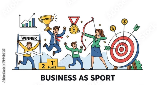Fototapeta Illustrative depiction of business as a competitive sport, featuring elements like a finish line, podium, trophy, medals, archery, and a target.