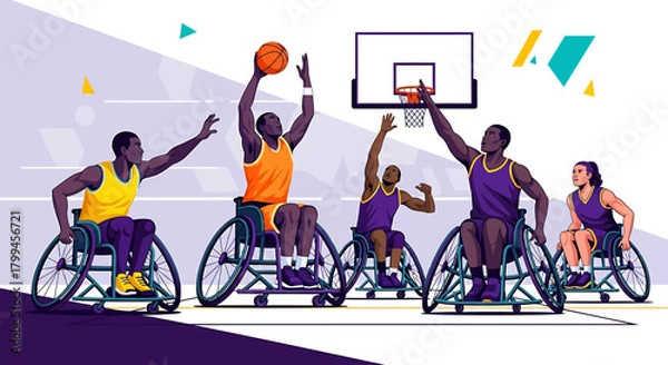 Fototapeta A dynamic illustration depicts a wheelchair basketball game with athletes in action, showcasing teamwork and athleticism on the court.