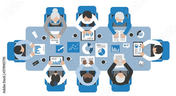 Fototapeta Overhead illustration of a diverse business team collaborating in a boardroom meeting with charts and devices.