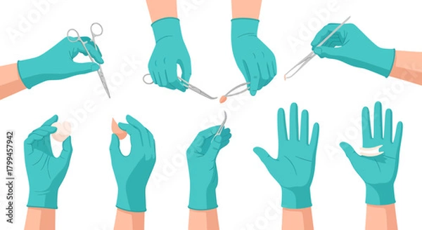 Fototapeta Collection of hands wearing surgical gloves holding various medical instruments and objects, illustrating medical procedures.