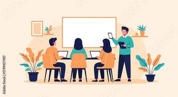 Fototapeta A teacher or presenter stands before a group of students or employees using laptops in a modern classroom or office setting.