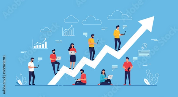 Fototapeta A diverse team of professionals works on laptops, positioned on a large white arrow pointing upwards, symbolizing business growth and success.