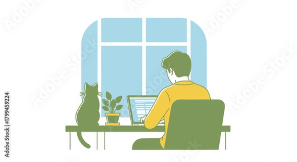Fototapeta Man working remotely on a laptop at a home desk with a cat and plant by the window.