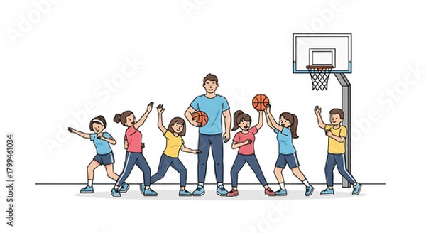 Fototapeta Basketball Team Practicing A Group of Children and Their Coach, Ready for the Game