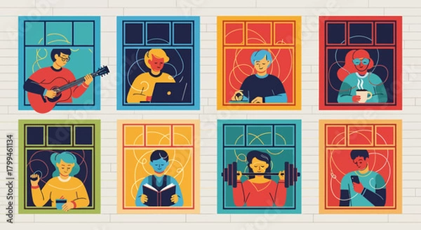 Fototapeta Illustration depicting people engaged in various activities, each framed within a window.