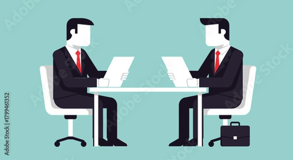 Fototapeta Two businessmen sitting at a table, reviewing documents, in a professional business meeting.